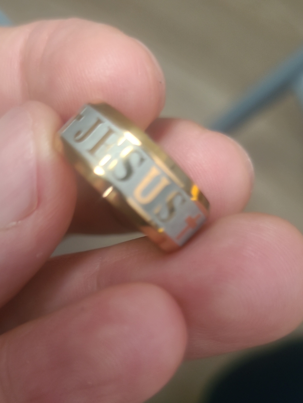 Gold and Silver Jesus Engraved Men's Ring